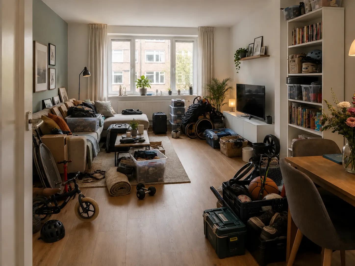 Vol huis met spullen die thuis ruimte innemen