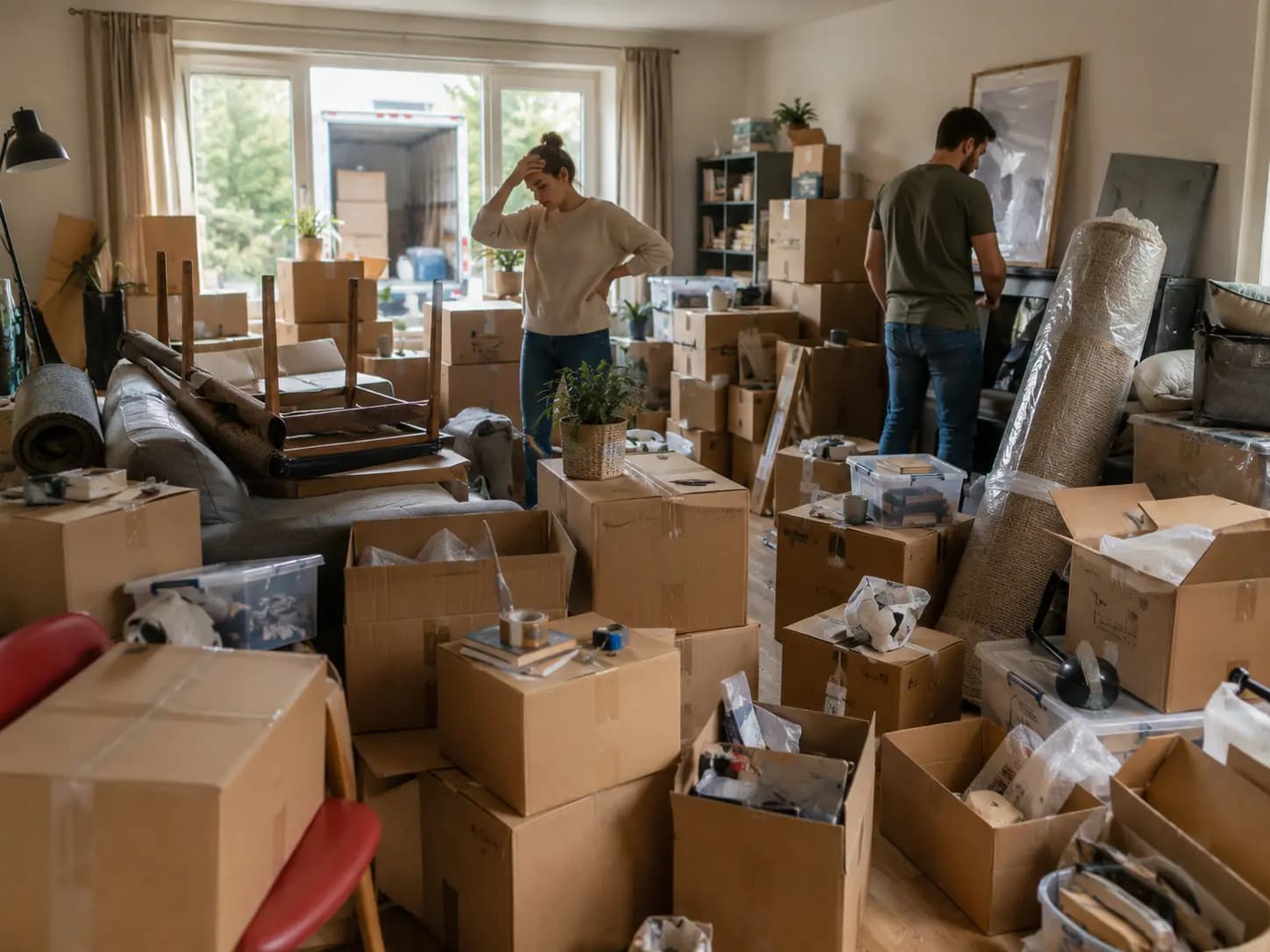 Huis vol dozen en spullen tijdens een verhuizing