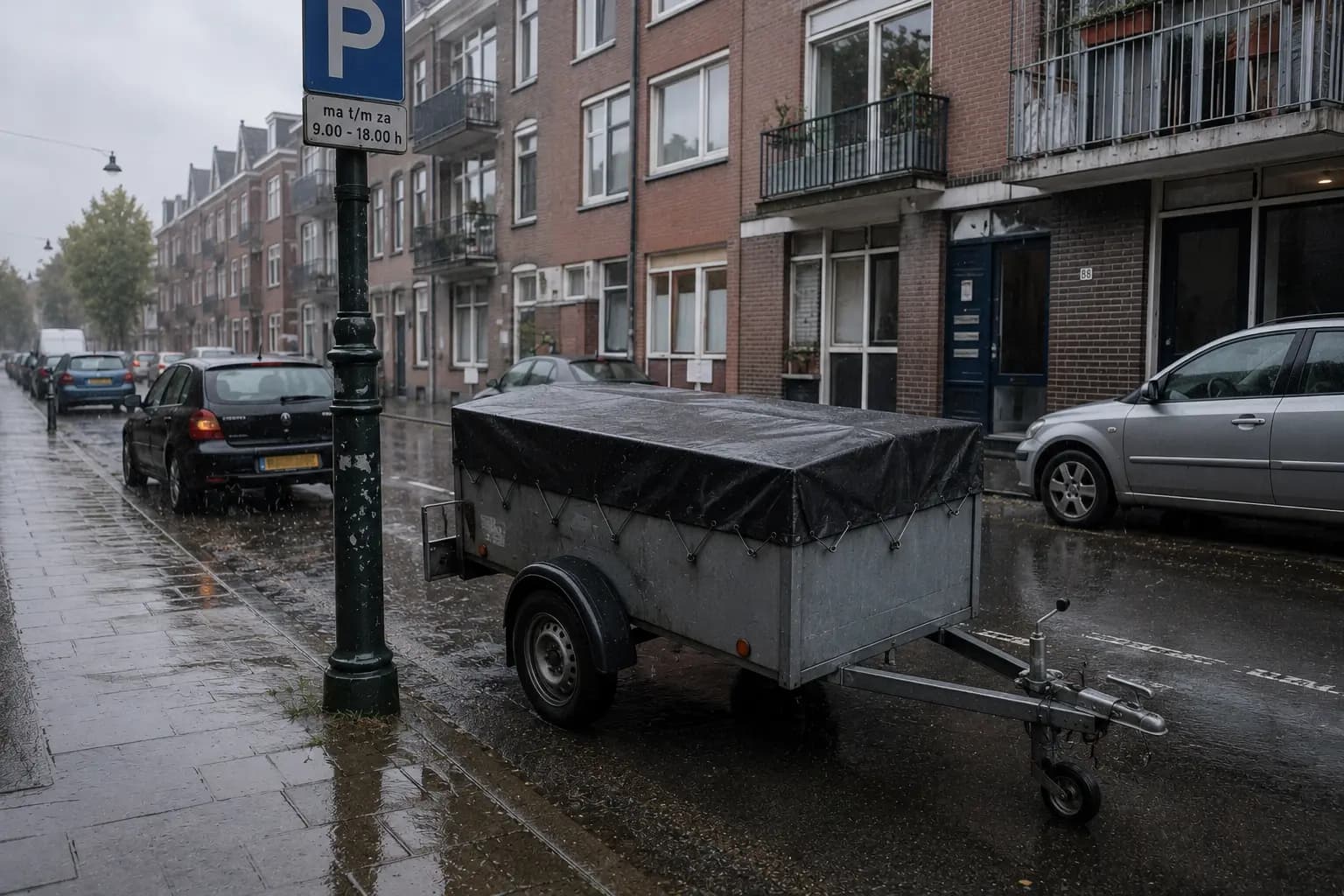 Aanhanger staat buiten op straat in de regen