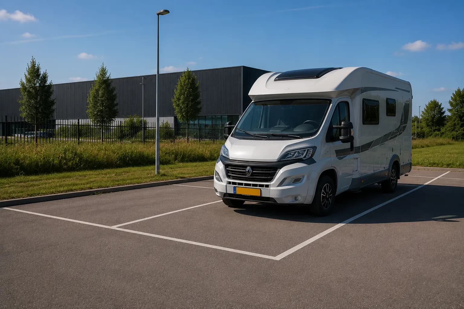 Camper staat op een ruime stallingsplaats