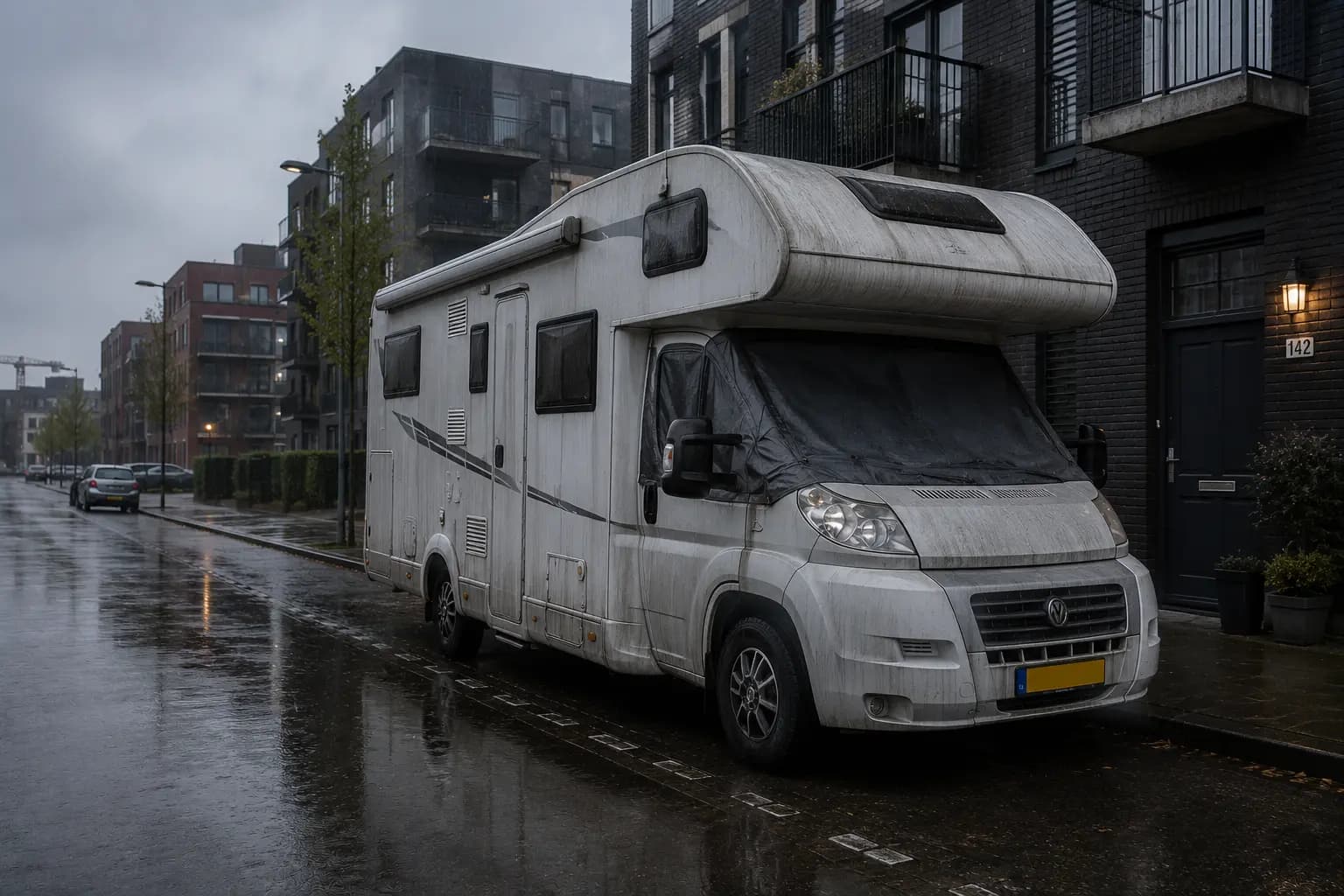 Camper staat buiten voor de deur in regenachtig weer