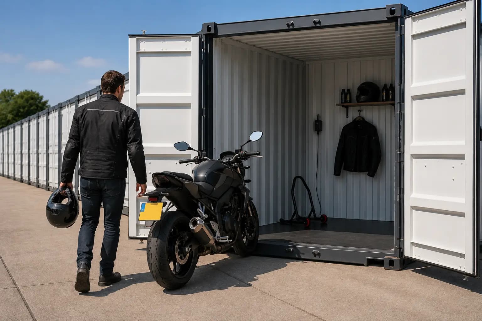 Man zet motor direct voor een opslagruimte