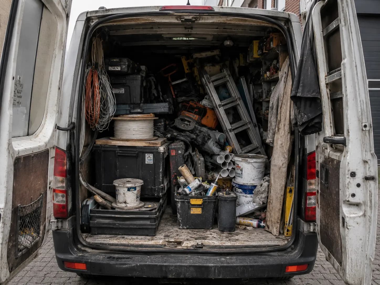 Overvolle werkbus met gereedschap en materialen