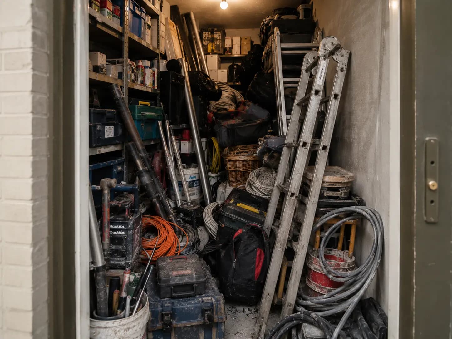 Volle garage of berging met zakelijke spullen en gereedschap
