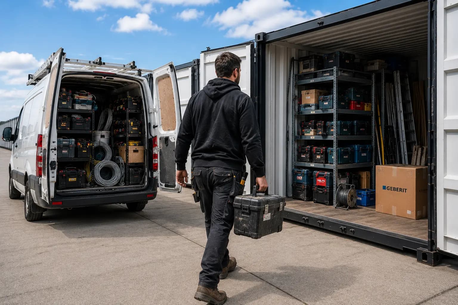 Ondernemer laadt gereedschap snel over bij een opslagruimte